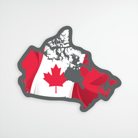 A vinyl sticker in the shape of the map of Canada, featuring the flag of Canada design.